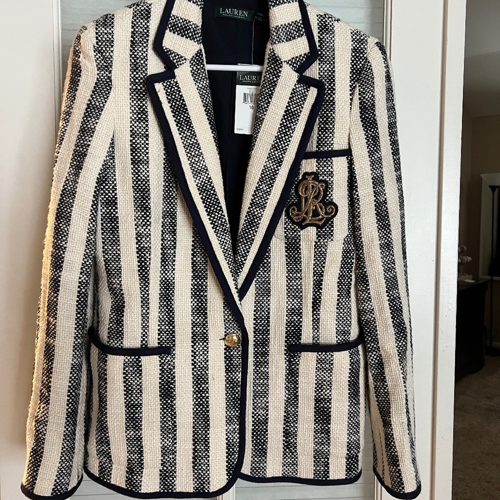 Lauren Ralph Lauren striped navy blue & cream blazer size 16 NEW NWT chest patch